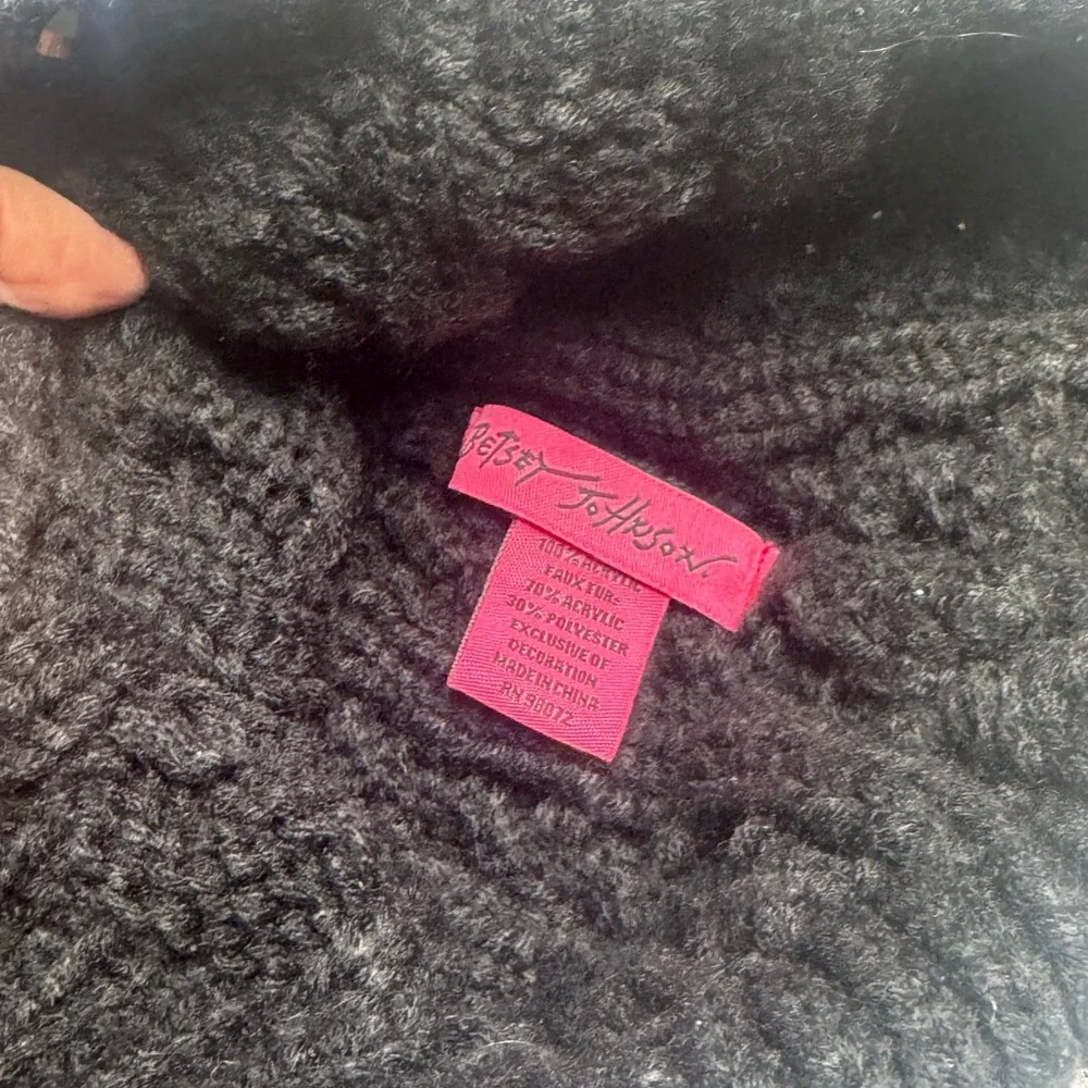 Betsey Johnson Black Beanie with Gray Faux Fur Pom